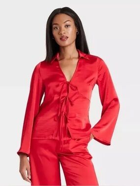a new day Red Tie-Front Satin Button Down Shirt